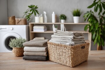 Neatly folded laundry with neutral tones sits on a table in a bright, modern laundry room with houseplants and storage baskets