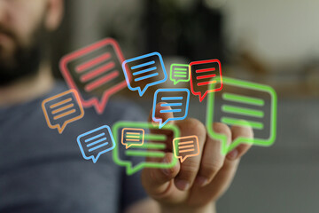 Abstract digital interface with communication icons, symbolizes connection and global messaging network over the internet.