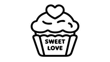 A black and white outline drawing of a cupcake with a heart on top and sweet love text on it on transparent background silhouette