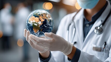 Healthcare professional holds a digital representation of Earth, symbolizing global health awareness and responsibility in a clinical setting with advanced technology