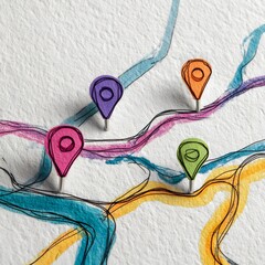 A close-up shows colorful map markers pinned to a textured paper surface with hand-drawn, colorful lines illustrating routes. The markers have circles.