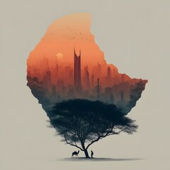 A landscape design depicts a silhouette of Africa, incorporating a cityscape, a tree, a camel, and a person against an orange sky.