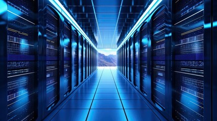 Advanced Data Center Innovation Futuristic Server Room with Mountain View