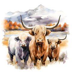 Three Highland cattle stand together, facing forward. A landscape with mountains and autumn trees forms the backdrop. Watercolor painting style.