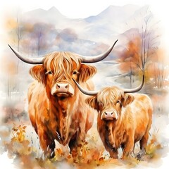 Two Highland cattle stand side by side, facing the viewer. They have long horns and reddish-brown fur, with a mountain backdrop.