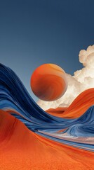 An orange sphere floats above abstract landscapes of blue and orange, against a clear blue sky and puffy white clouds.
