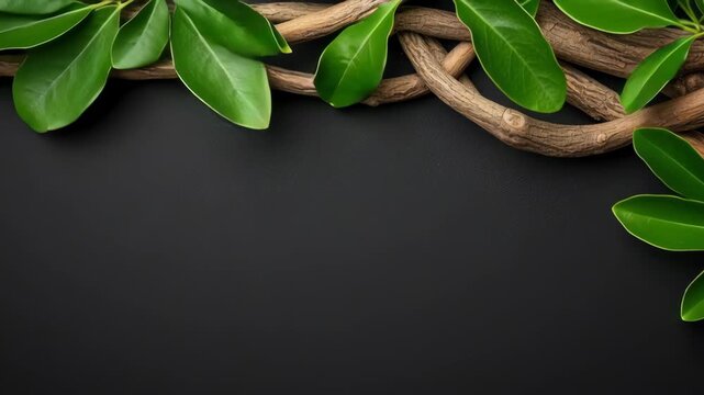 Lush Greenery Twisted Branches and Leaves Form Natural Frame Against Dark Background, Evoking Tranquility and Harmony in Nature