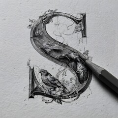 A detailed pencil drawing depicts the letter 'S' adorned with intricate floral elements and multiple bird illustrations, with a visible pencil.