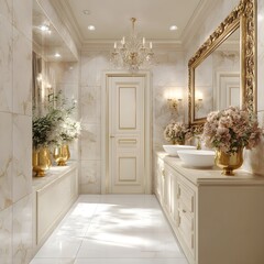 A luxurious bathroom interior is depicted, featuring a vanity with two sinks, a large mirror, and a central doorway, all in elegant tones.