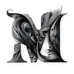 A stylized letter 'M' is presented with flowing, intricate designs. The black and white graphic features a minimalist, elegant aesthetic on a white background.