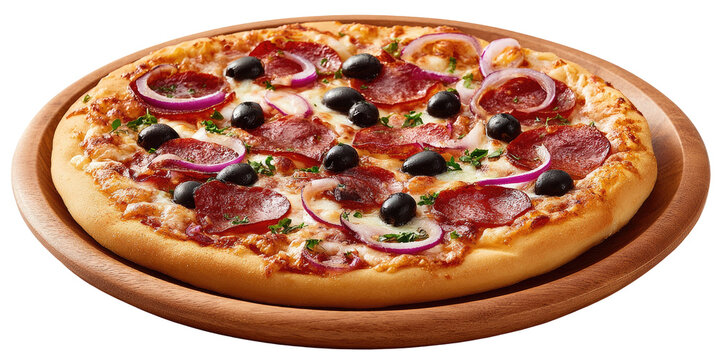 Round pizza with salami, olives, and onions on a wooden platter