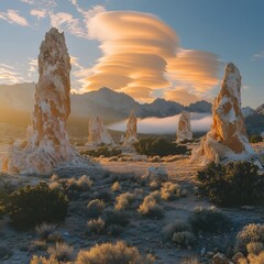 A landscape scene features tall, textured rock formations in a desert environment under a layered cloud formation and bright sky. Mountains are visible in the distance.