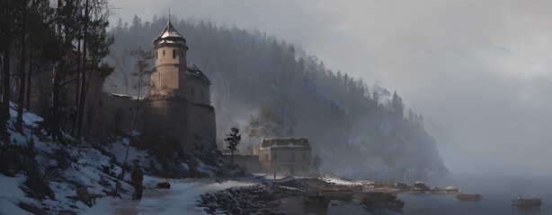An illustration depicts a stone castle with a tower situated by a snowy lake, shrouded by a misty, forested mountain. Boats are docked near the shore.