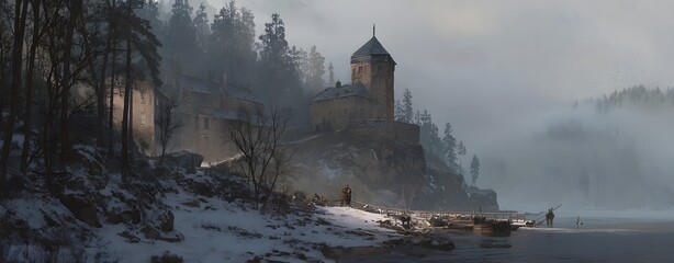 A medieval castle complex sits on a rocky promontory overlooking a misty lake in a wintery environment. Figures stand on the pier.