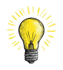 Hand-drawn lightbulb, radiating light