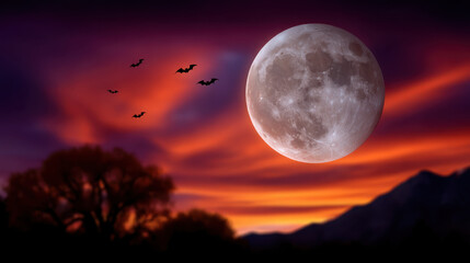 Halloween night sky with full moon, bats flying, and silhouette of trees against dramatic orange and purple background