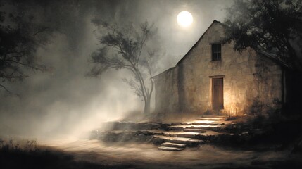 A stone house stands in a misty landscape, illuminated by a bright moon. Steps lead to the wooden door, and trees frame the scene.