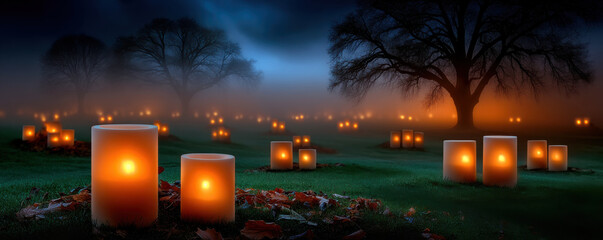 Foggy cemetery with glowing lanterns and fallen leaves, creating serene and mysterious atmosphere