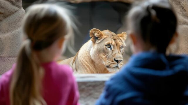 Curiosity of Children Observing Lioness in Zoo Enclosure Captivating Wildlife Moment of Connection and Wonder
