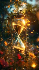 The image presents an hourglass filled with glowing sand, surrounded by foliage, flowers, and sparkling particles in a garden setting. The hourglass is central.