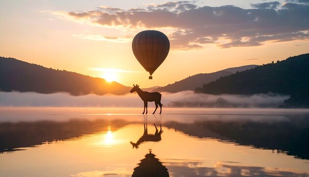 Silhouette of Animal and Hot Air Balloon Over Lake at Sunset