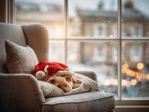 A cozy Norfolk Terrier and her puppies in Santa outfits, nestled by a window with falling snow and twinkling holiday lights