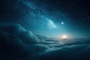 Fototapeta premium A dreamy night sky with stars and the Milky Way above soft clouds, illuminated by a distant glowing light on the horizon