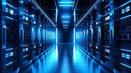 Fototapeta premium Gleaming Blue Server Room with Rows of Racks