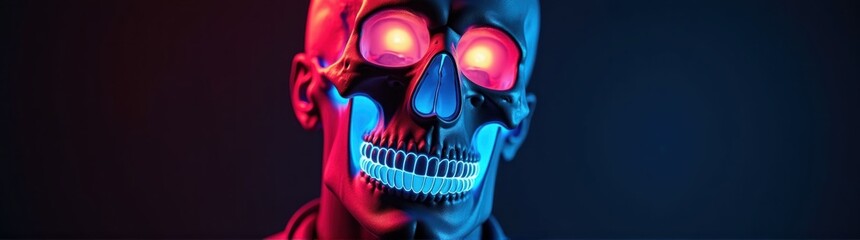 Brightly lit skull head with glowing eyes and glowing teeth