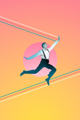 Exclusive art pop banner creative collage of happy dandy man dance weekend relax party celebration event chill occasion
