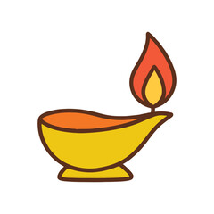 Colorful Diya lamp vector icon with bright flame on white background.