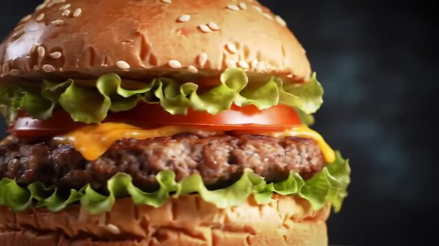 Delicious close-up shot of a juicy hamburger with fresh lettuce and melted cheese, perfect for food blogs and menus