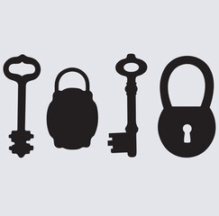 padlock and key silhouette vector art illustration, set of keys