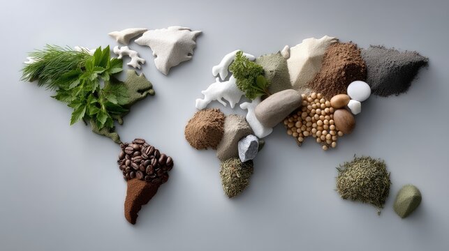 Artistic representation of the world map made from various natural elements showcasing agriculture and biodiversity