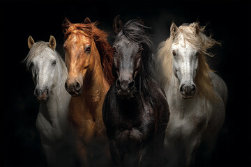 Obraz premium Four powerful horses standing against dark background