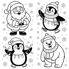 Christmas, coloring, Santa, penguin, bear, winter, festive, cartoon, cute, holiday, printable, kids, art, black, white, lineart, animal, snow, December, Northpole, gift, merry, joy, scarf, hat, charac