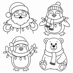Christmas, coloring, Santa, penguin, bear, winter, festive, cartoon, cute, holiday, printable, kids, art, black, white, lineart, animal, snow, December, Northpole, gift, merry, joy, scarf, hat, charac