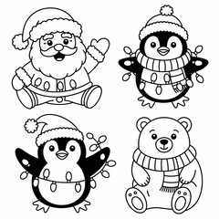 Christmas, coloring, Santa, penguin, bear, winter, festive, cartoon, cute, holiday, printable, kids, art, black, white, lineart, animal, snow, December, Northpole, gift, merry, joy, scarf, hat, charac