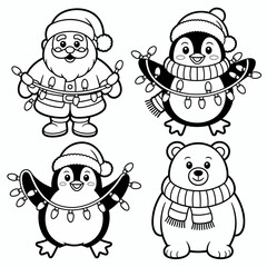 Christmas, coloring, Santa, penguin, bear, winter, festive, cartoon, cute, holiday, printable, kids, art, black, white, lineart, animal, snow, December, Northpole, gift, merry, joy, scarf, hat, charac
