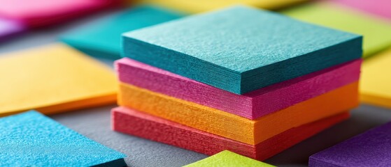 A stack of colorful sticky notes arranged on a desk, featuring vibrant blue, pink, orange, yellow, and green squares
