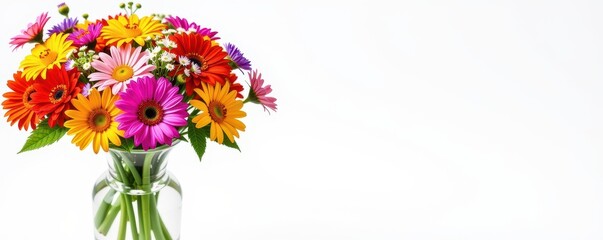 Obraz premium Vibrant summer bouquet of wildflowers in a clear glass vase, isolated on white background, spring, nature