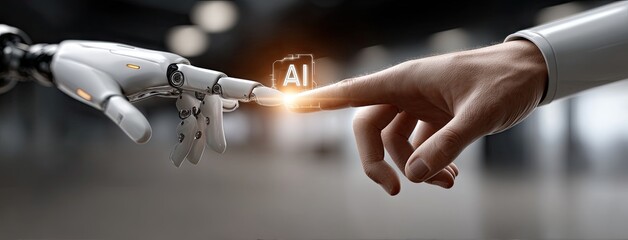 Touching the future as a human hand reaches towards a robotic hand, symbolizing the intersection of humanity and artificial intelligence in a modern environment