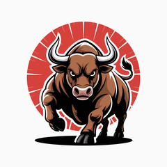 bull, charging, mascot, logo, illustration, cartoon, vector, strong, aggressive, power, red, energy, force, beast, animal, wild, fierce, muscular, horned, dynamic, bold, angry, stance, motion, graphic