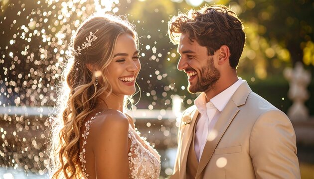 Smiling Couple Wedding Day Outdoors with Water Feature and Sunlight