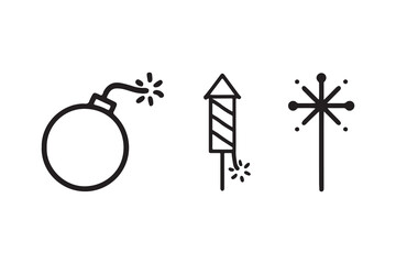 Firecracker icons set vector in outline style featuring bomb, rocket, and sparkler on white background.