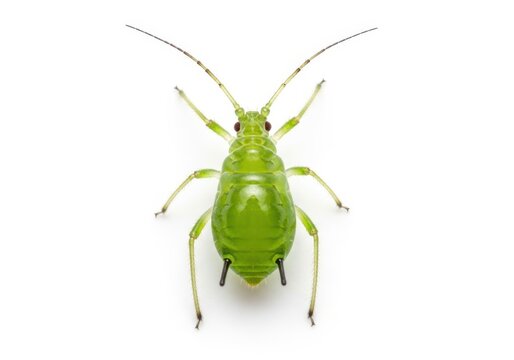 Close up macro view of a bright green aphid insect on a white background
