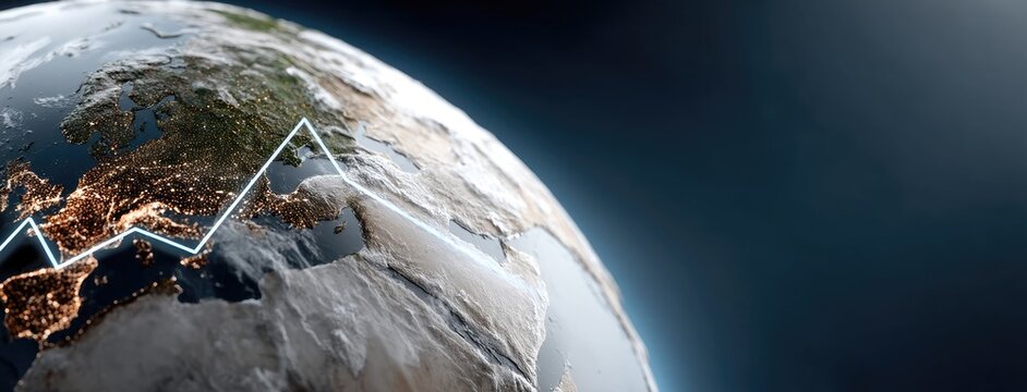 Detailed view of Earth highlighting Europe and Asia with a glowing line representing data trends against a dark background at night