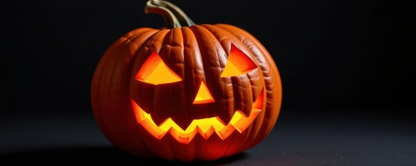 Fototapeta premium A real carved pumpkin jack-o'-lantern sits on a black background, glowing eerily. Its intricate carving is detailed, showcasing a classic Halloween design, vegetable, jack-o-lantern