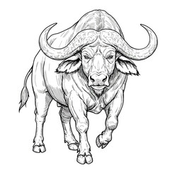 buffalo, sketch, drawing, illustration, animal, wildlife, nature, safari, Africa, horns, bovid, mammal, ink, pencil, monochrome, contour, lineart, graphic, bull, beast, wild, creature, fauna, rustic, 