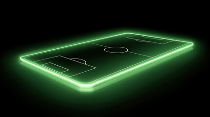 A glowing neon green outline of a soccer field floats against a black background, giving a futuristic and digital appearance